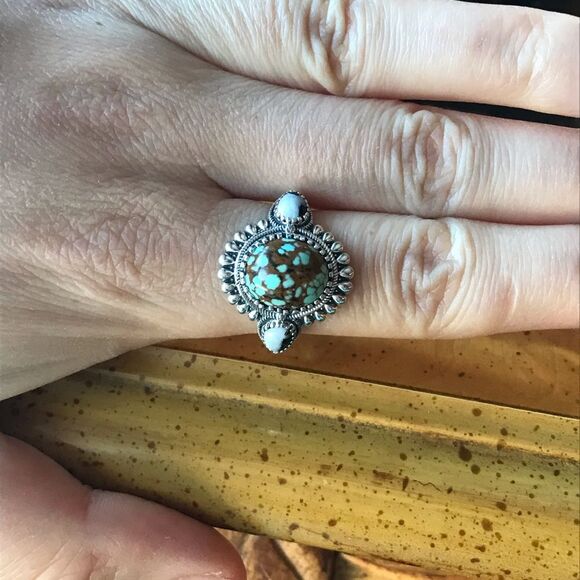 White Buffalo Royston Blue Horizon Turquoise Sterling Silver Ring Size 10 - Picture 2 of 9